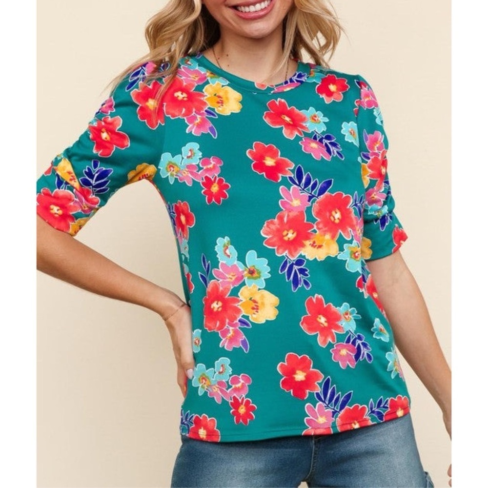 HAPTICS The Coastal Garden Shirred Sleeve Knit Top Summer Teal Botanical S, M, L - Picture 3 of 4